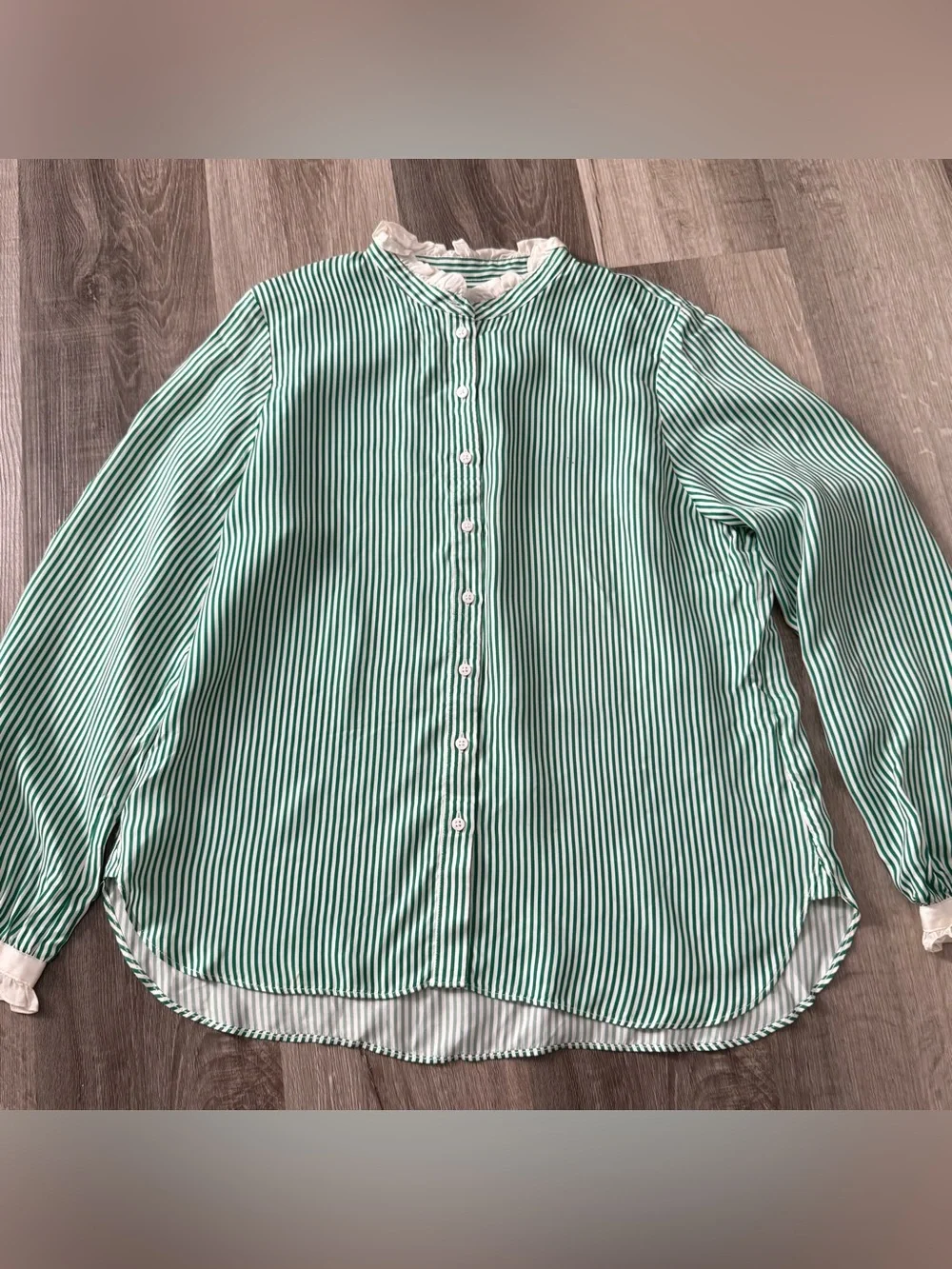 J. Crew Green and White Striped Ruffle Collar Button-Down Blouse